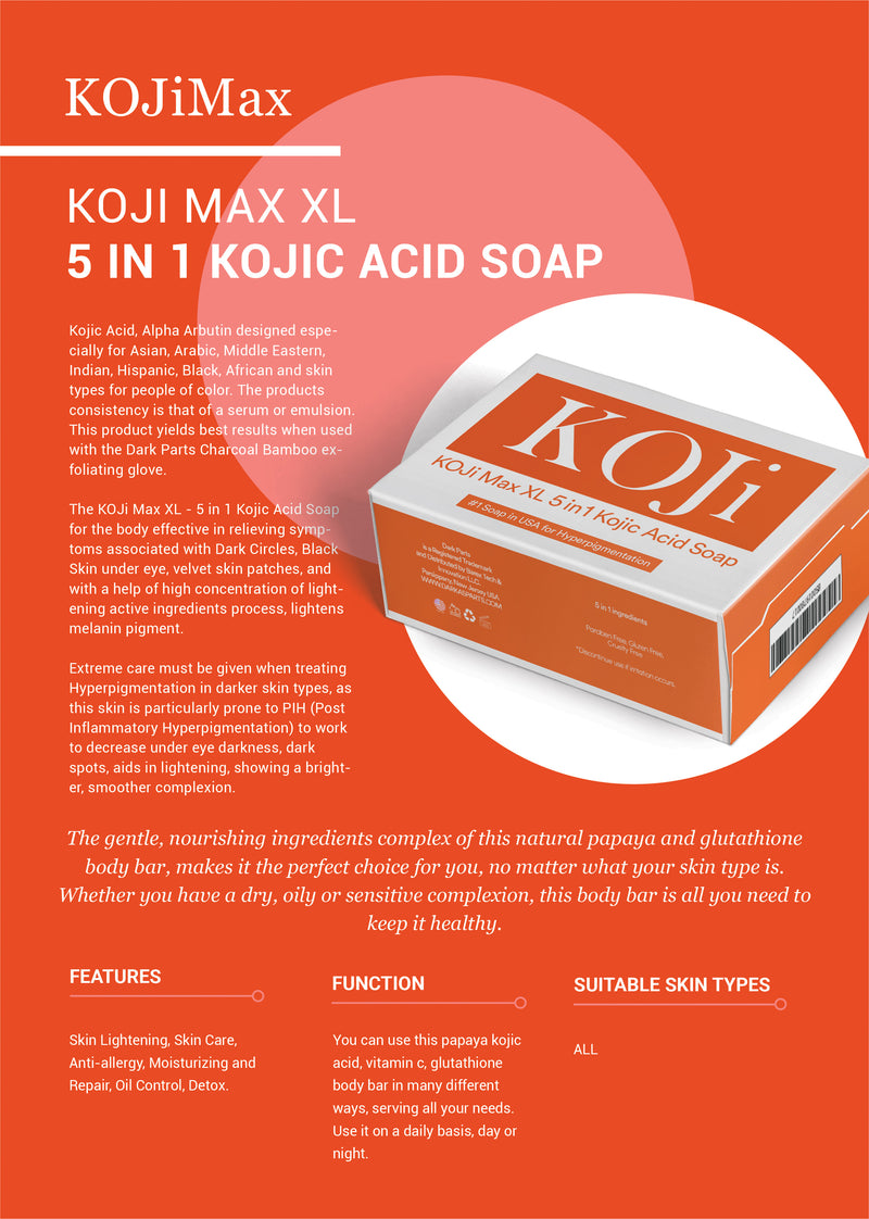 KOJi Max, XL 5 in 1 BAR Kojic Acid Kit and Hygienic Fingerless Dark Parts Exfoliating Gloves