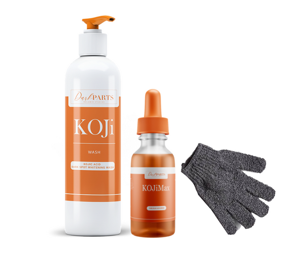 KOJi Max Kojic Acid Kit and Hygienic Fingerless Dark Parts Exfoliating Gloves