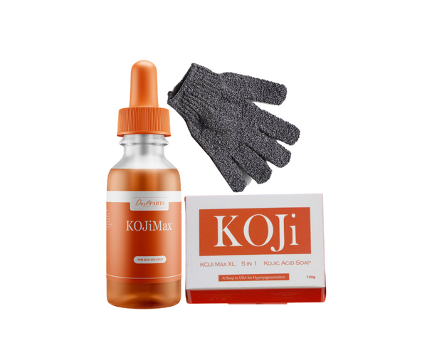 KOJi Max, XL 5 in 1 BAR Kojic Acid Kit and Hygienic Fingerless Dark Parts Exfoliating Gloves